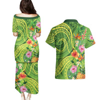 Polynesian Tribal Flower Tattoo Couples Matching Puletasi and Hawaiian Shirt Special Lime Green Vibe LT9 - Polynesian Pride