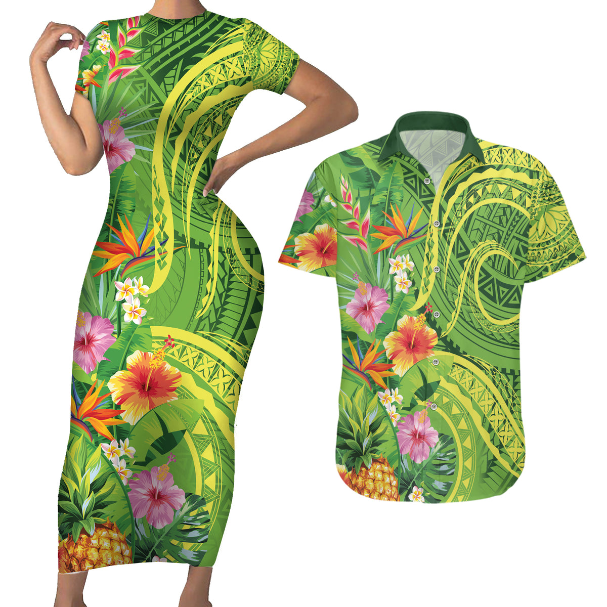 Polynesian Tribal Flower Tattoo Couples Matching Short Sleeve Bodycon Dress and Hawaiian Shirt Special Lime Green Vibe LT9 Lime Green - Polynesian Pride