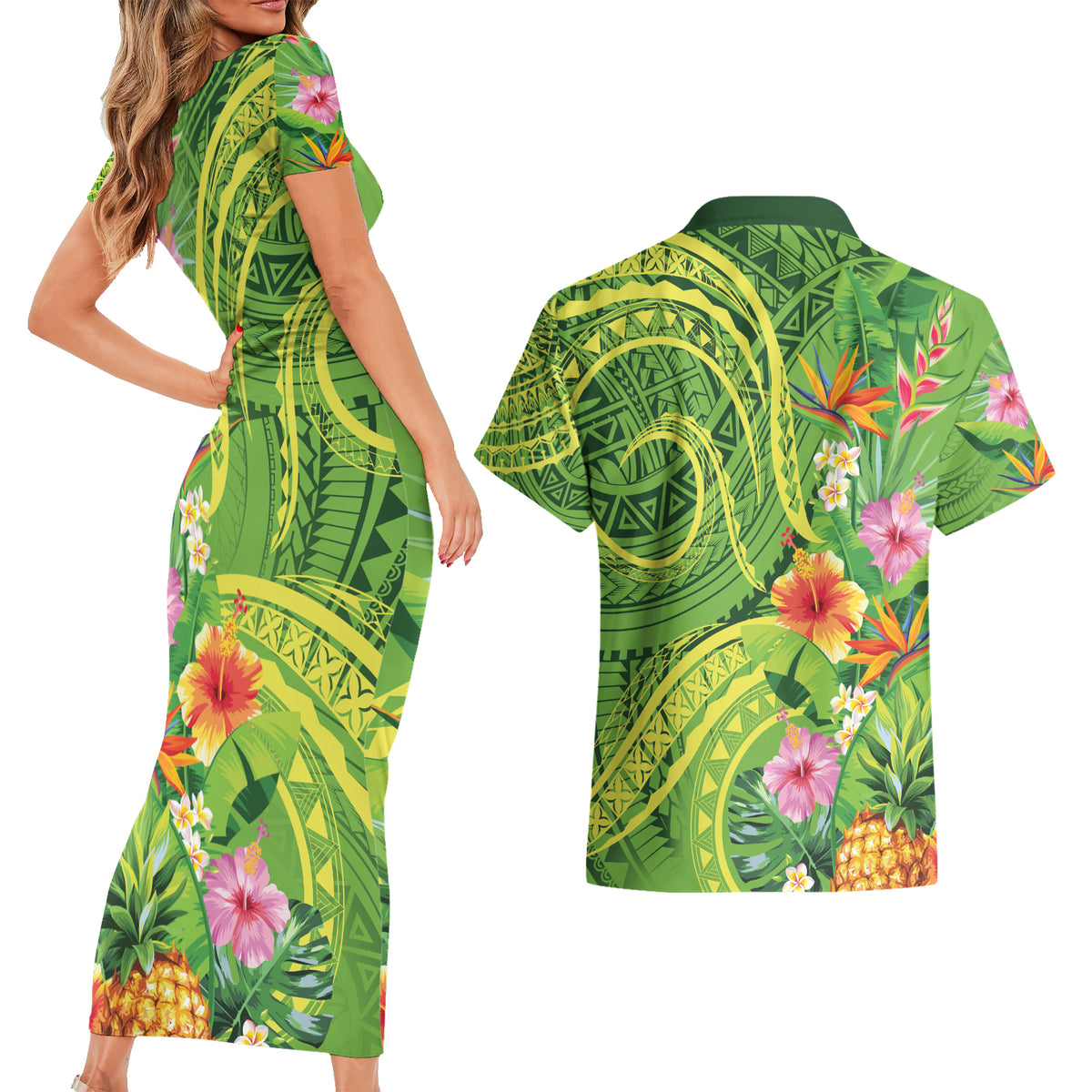 Polynesian Tribal Flower Tattoo Couples Matching Short Sleeve Bodycon Dress and Hawaiian Shirt Special Lime Green Vibe LT9 - Polynesian Pride