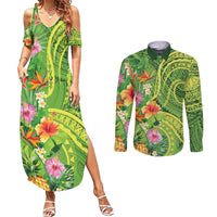 Polynesian Tribal Flower Tattoo Couples Matching Summer Maxi Dress and Long Sleeve Button Shirt Special Lime Green Vibe