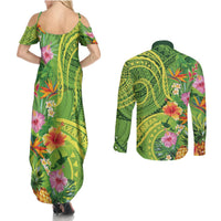 Polynesian Tribal Flower Tattoo Couples Matching Summer Maxi Dress and Long Sleeve Button Shirt Special Lime Green Vibe