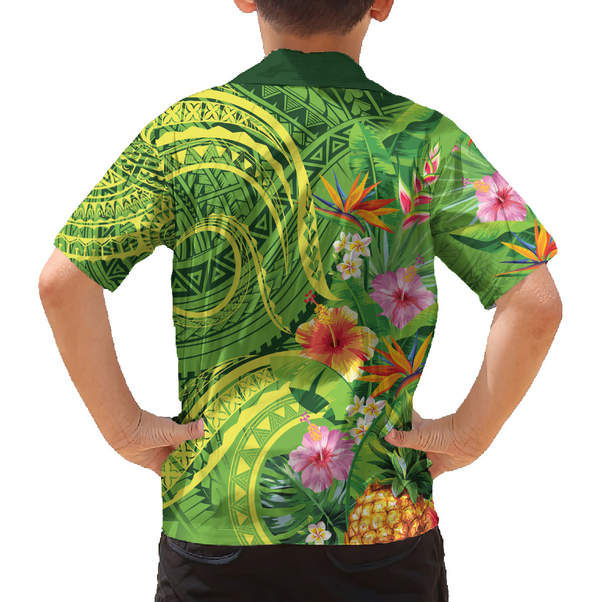Polynesian Tribal Flower Tattoo Family Matching Off The Shoulder Long Sleeve Dress and Hawaiian Shirt Special Lime Green Vibe