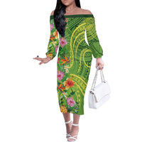 Polynesian Tribal Flower Tattoo Family Matching Off The Shoulder Long Sleeve Dress and Hawaiian Shirt Special Lime Green Vibe