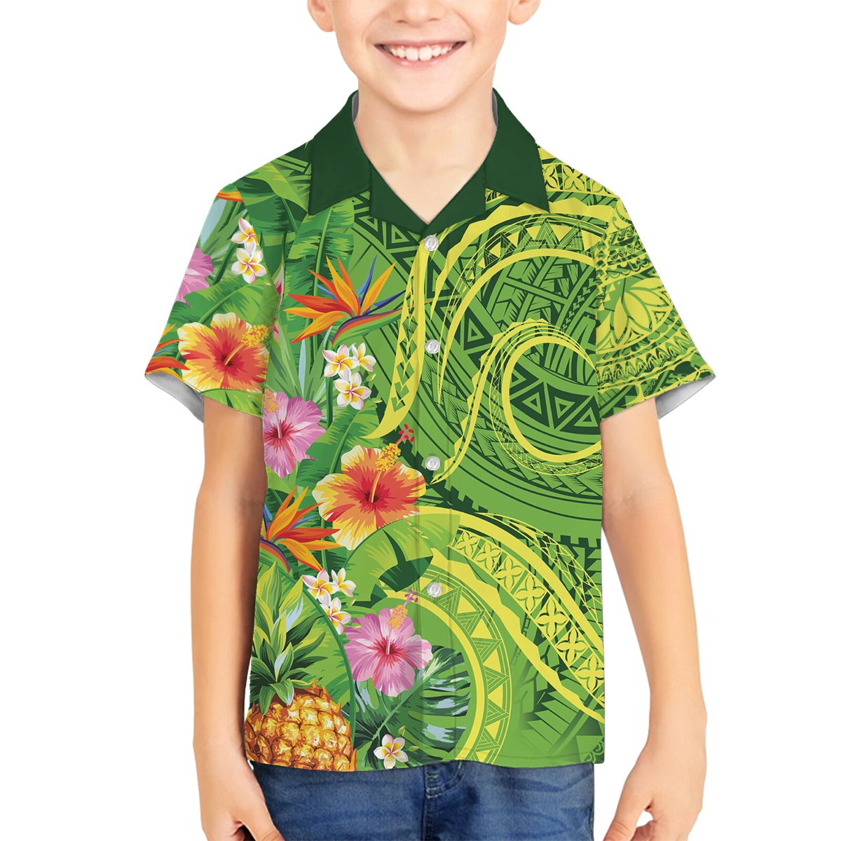 Polynesian Tribal Flower Tattoo Family Matching Puletasi and Hawaiian Shirt Special Lime Green Vibe