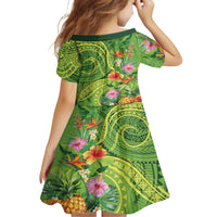 Polynesian Tribal Flower Tattoo Family Matching Short Sleeve Bodycon Dress and Hawaiian Shirt Special Lime Green Vibe