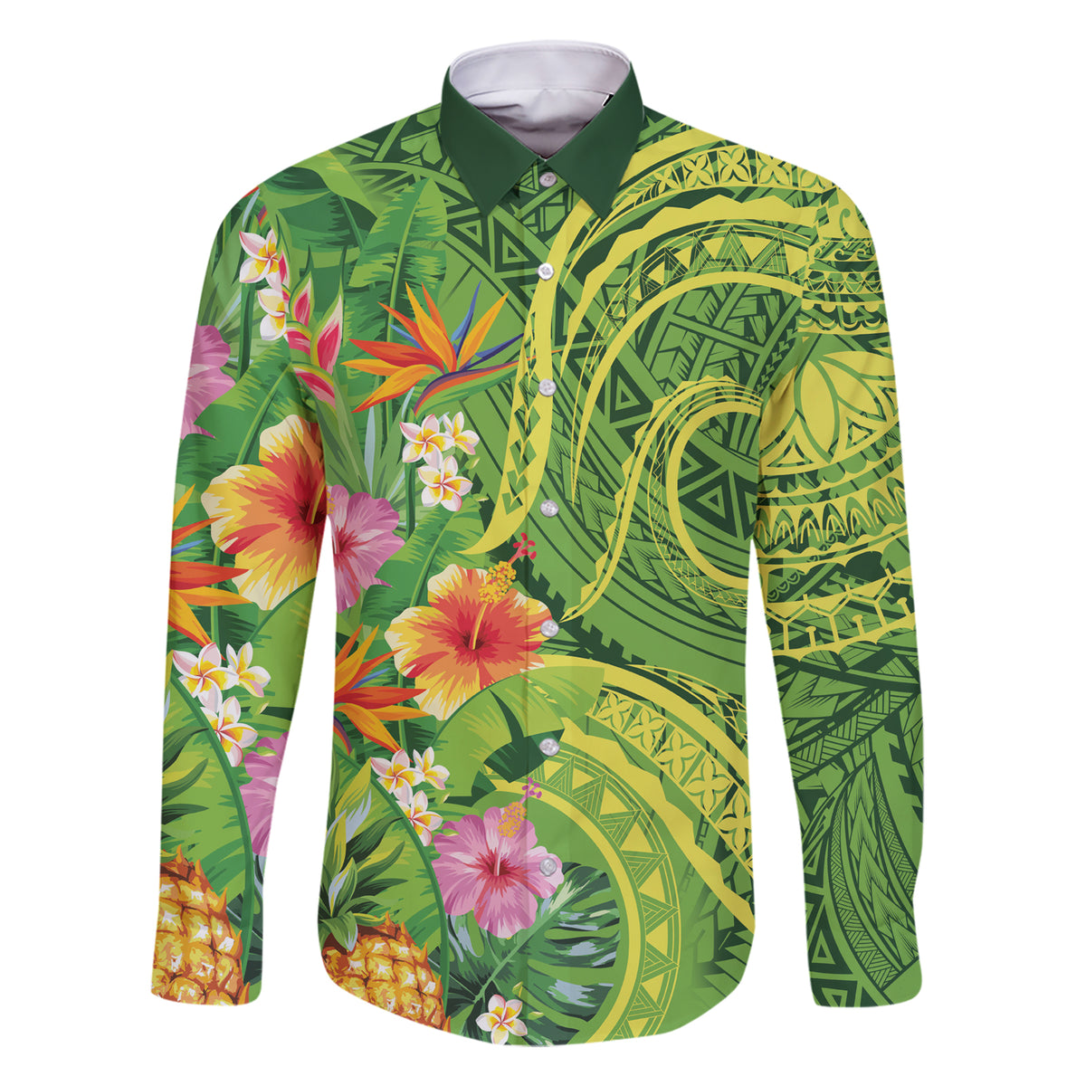 Polynesian Tribal Flower Tattoo Family Matching Short Sleeve Bodycon Dress and Hawaiian Shirt Special Lime Green Vibe