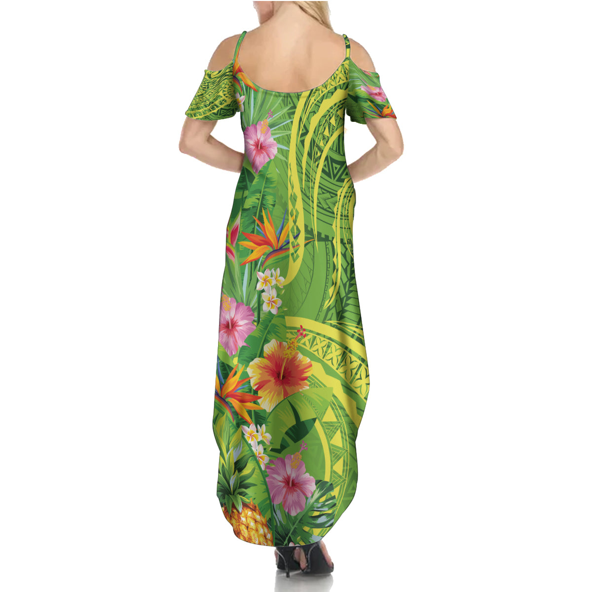 Polynesian Tribal Flower Tattoo Family Matching Summer Maxi Dress and Hawaiian Shirt Special Lime Green Vibe