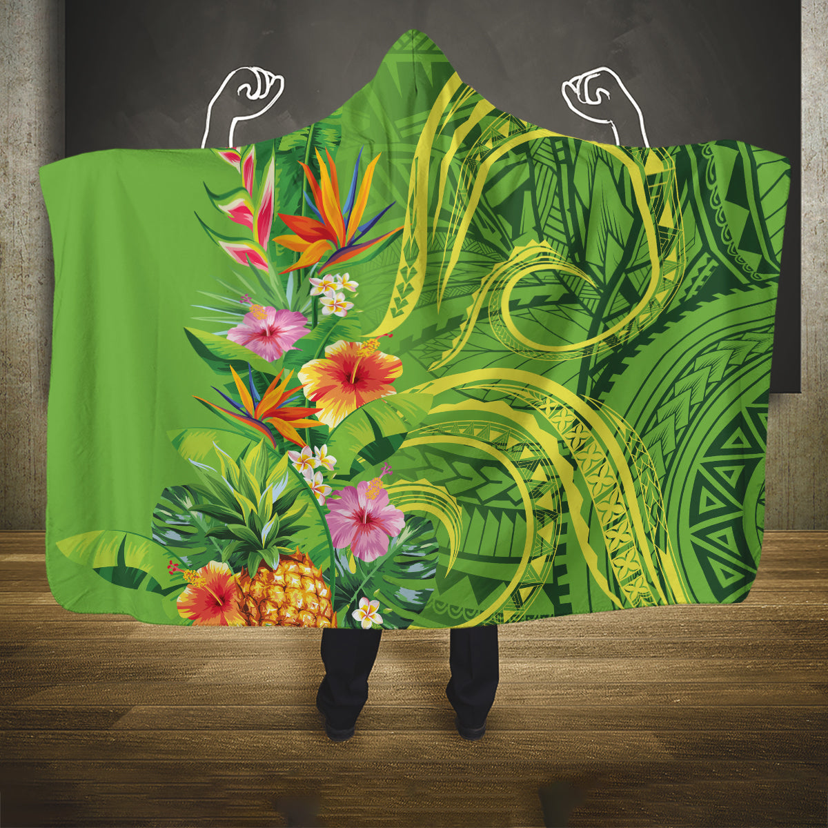 Polynesian Tribal Flower Tattoo Hooded Blanket Special Lime Green Vibe LT9 One Size Lime Green - Polynesian Pride