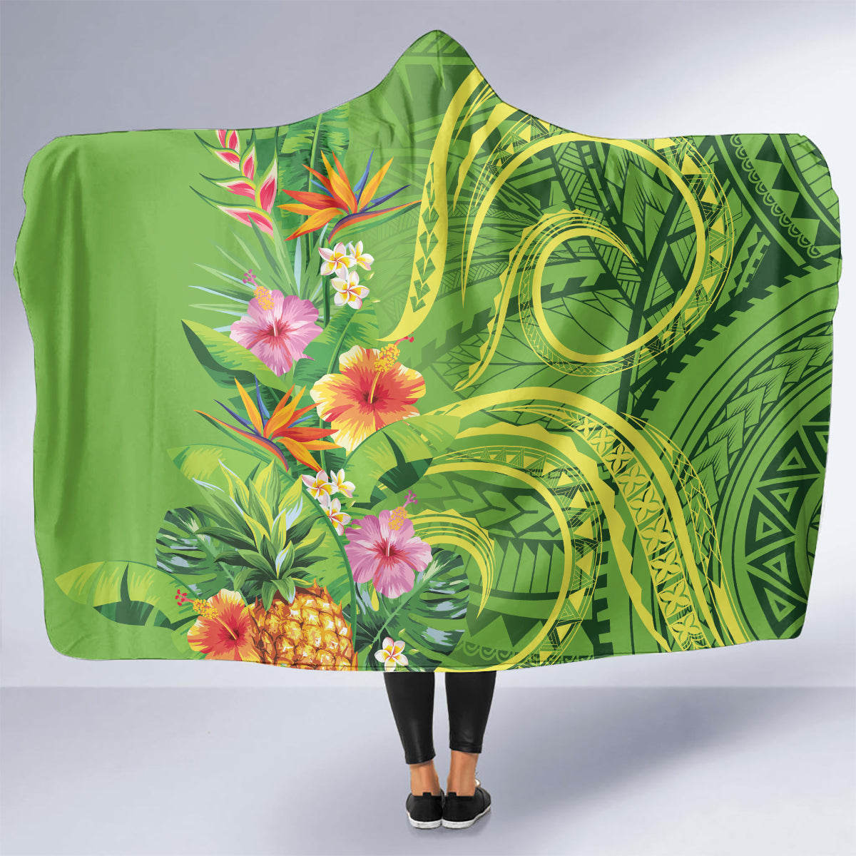Polynesian Tribal Flower Tattoo Hooded Blanket Special Lime Green Vibe LT9 - Polynesian Pride