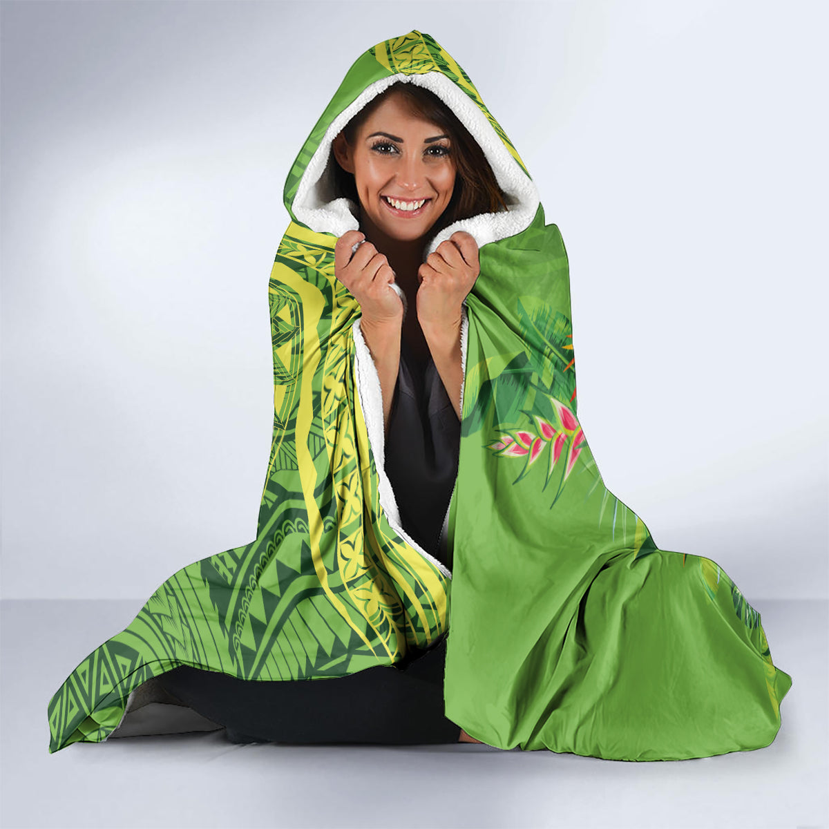 Polynesian Tribal Flower Tattoo Hooded Blanket Special Lime Green Vibe LT9 - Polynesian Pride