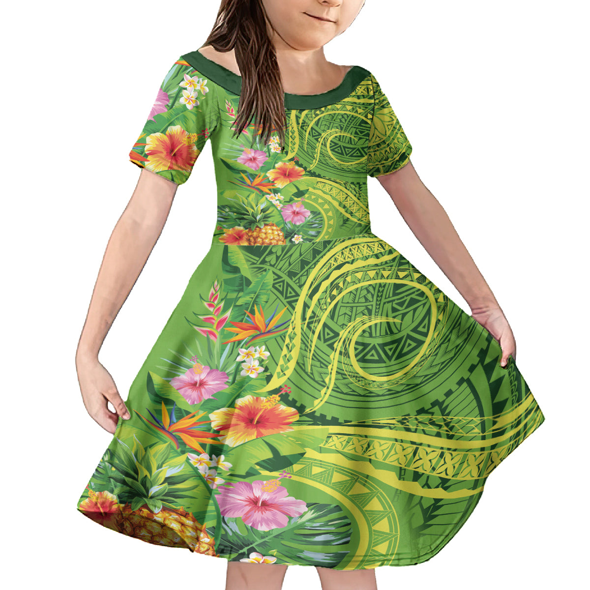 Polynesian Tribal Flower Tattoo Kid Short Sleeve Dress Special Lime Green Vibe LT9 KID Lime Green - Polynesian Pride