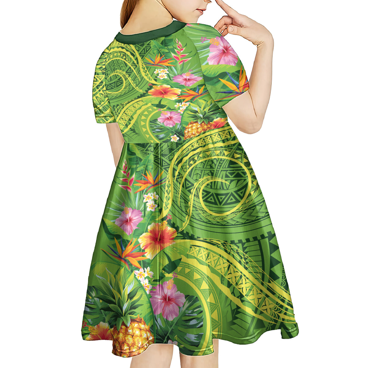 Polynesian Tribal Flower Tattoo Kid Short Sleeve Dress Special Lime Green Vibe LT9 - Polynesian Pride