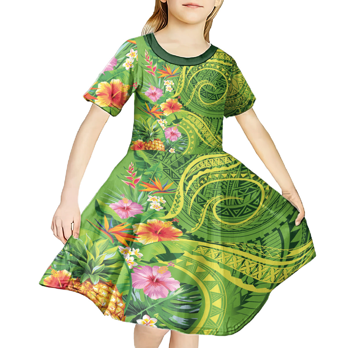 Polynesian Tribal Flower Tattoo Kid Short Sleeve Dress Special Lime Green Vibe LT9 - Polynesian Pride