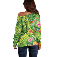 Polynesian Tribal Flower Tattoo Off Shoulder Sweater Special Lime Green Vibe LT9 - Polynesian Pride