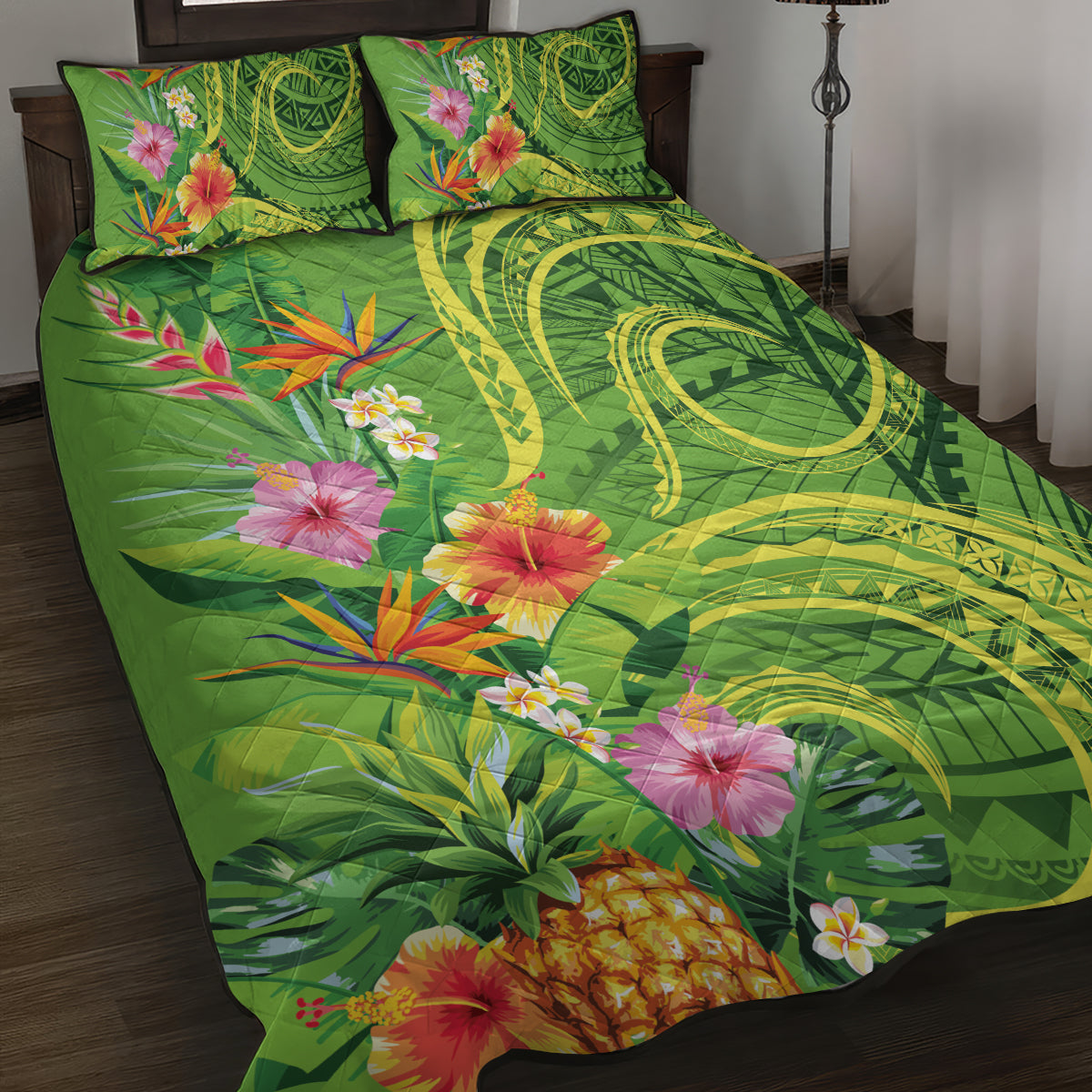 Polynesian Tribal Flower Tattoo Quilt Bed Set Special Lime Green Vibe