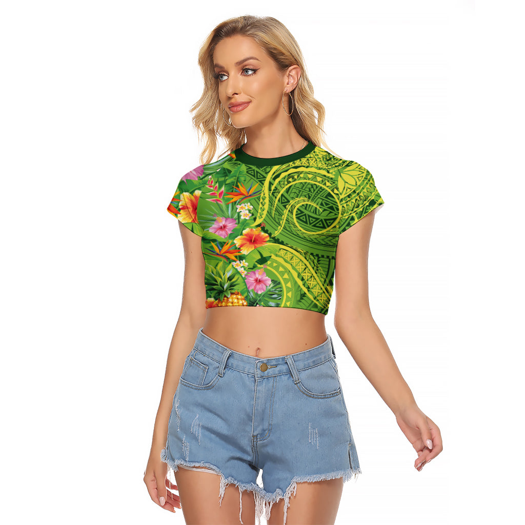 Polynesian Tribal Flower Tattoo Raglan Cropped T Shirt Special Lime Green Vibe
