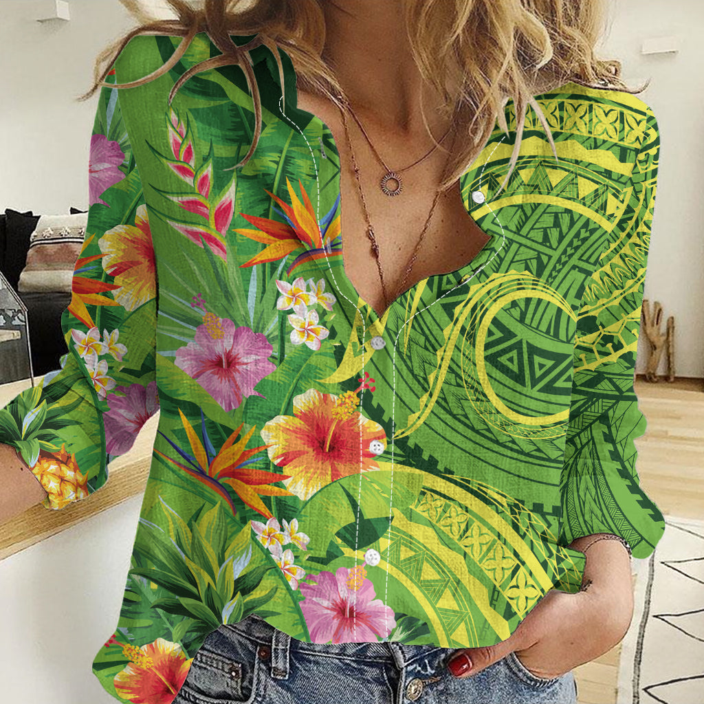 Polynesian Tribal Flower Tattoo Women Casual Shirt Special Lime Green Vibe