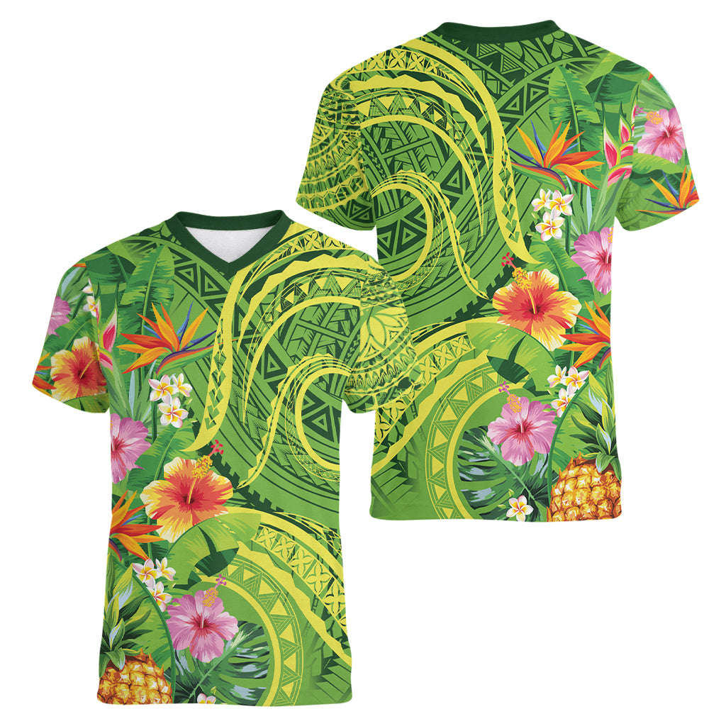 Polynesian Tribal Flower Tattoo Women V Neck T Shirt Special Lime Green Vibe