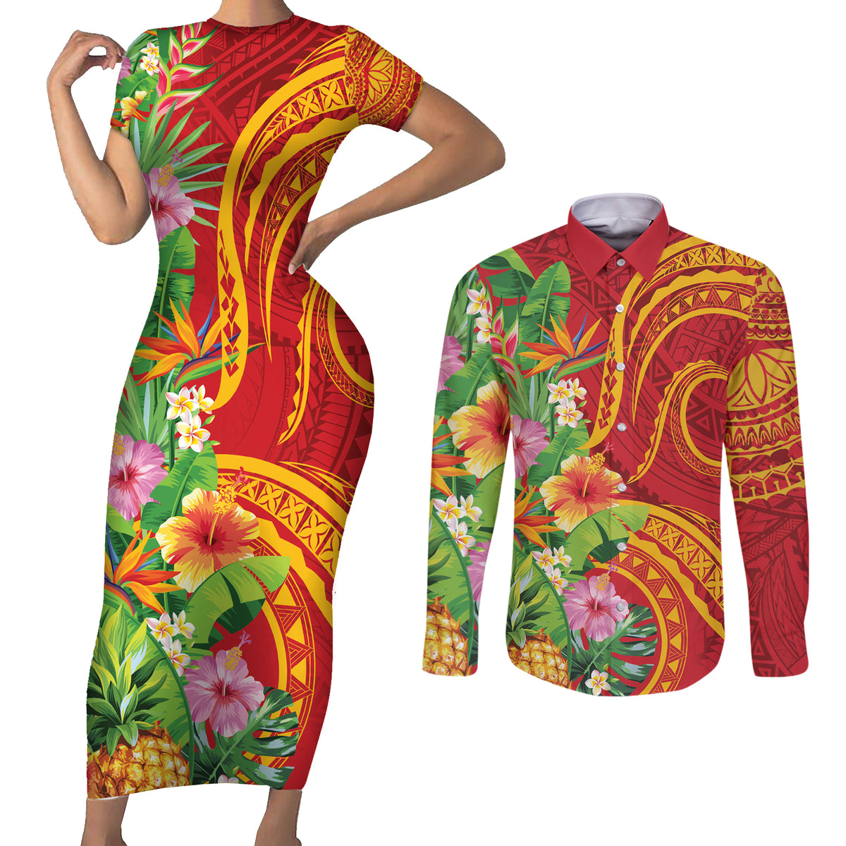 Polynesian Tribal Flower Tattoo Couples Matching Short Sleeve Bodycon Dress and Long Sleeve Button Shirt Special Vermilion Vibe