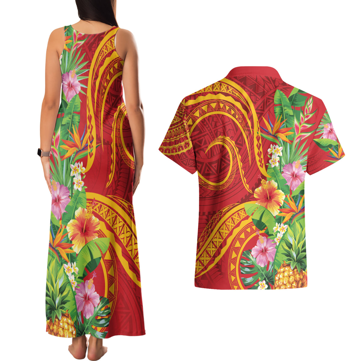 Polynesian Tribal Flower Tattoo Couples Matching Tank Maxi Dress and Hawaiian Shirt Special Vermilion Vibe