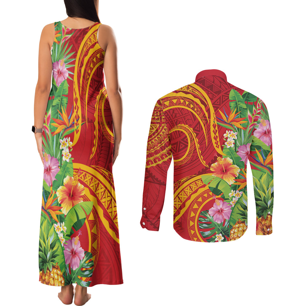 Polynesian Tribal Flower Tattoo Couples Matching Tank Maxi Dress and Long Sleeve Button Shirt Special Vermilion Vibe