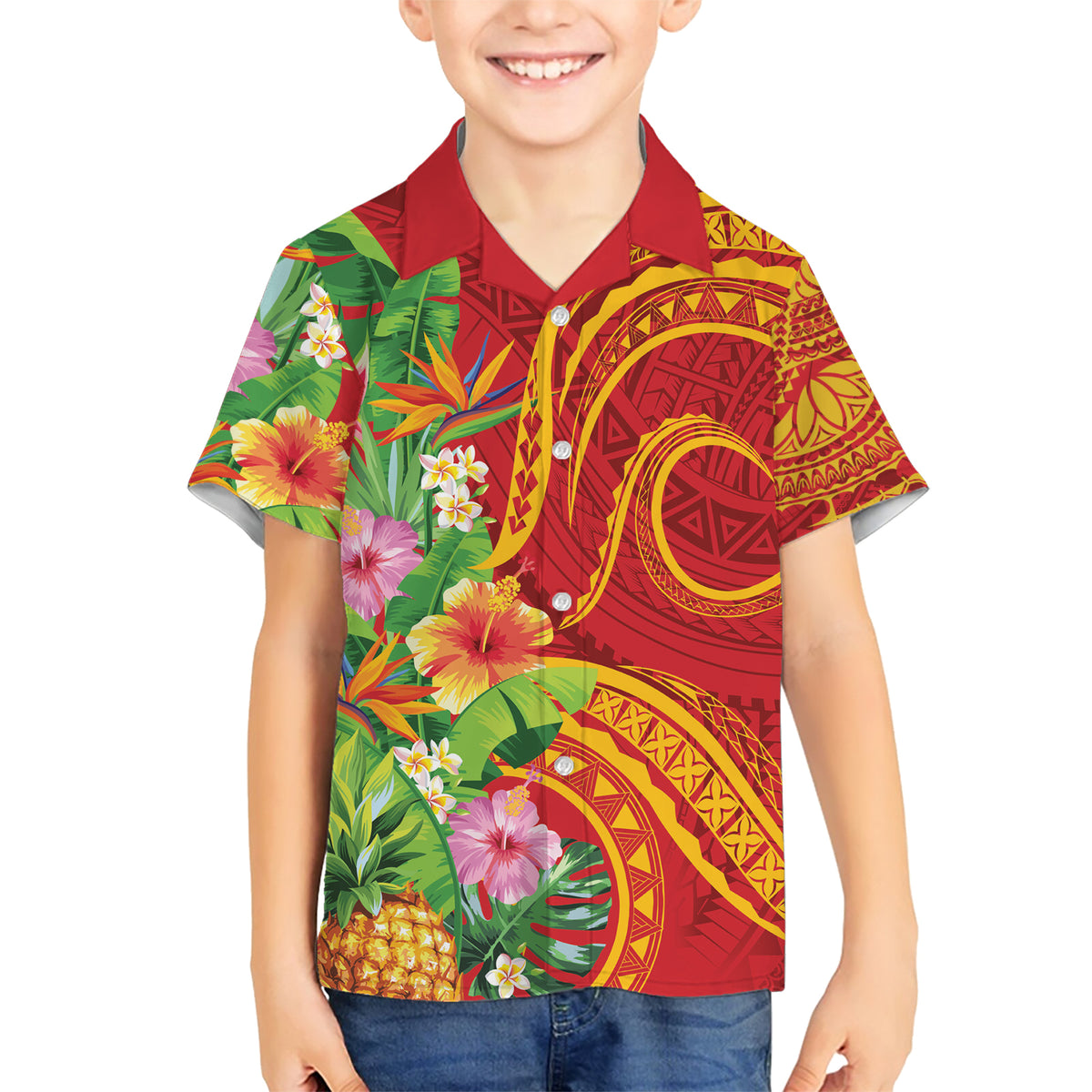 Polynesian Tribal Flower Tattoo Family Matching Short Sleeve Bodycon Dress and Hawaiian Shirt Special Vermilion Vibe