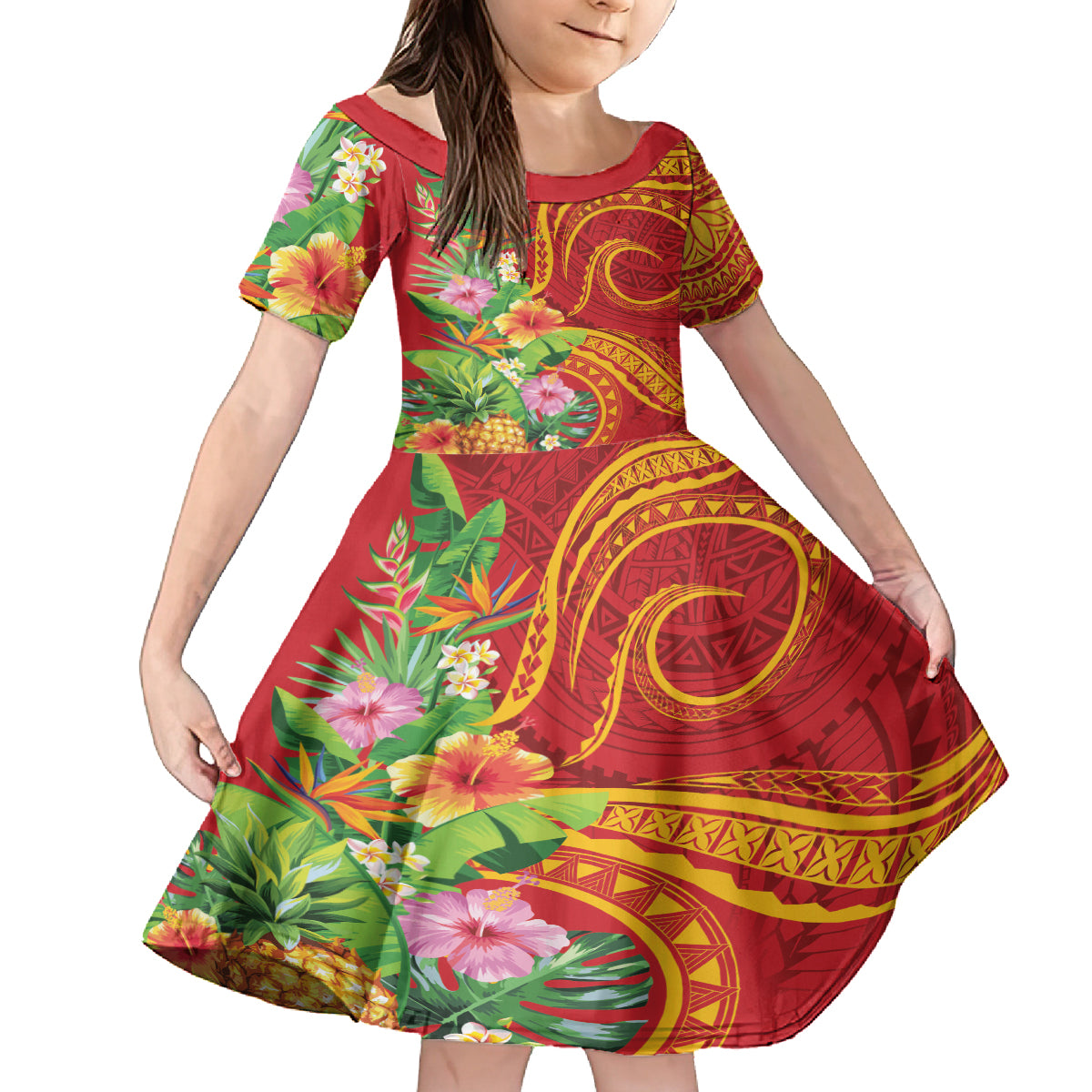 Polynesian Tribal Flower Tattoo Family Matching Tank Maxi Dress and Hawaiian Shirt Special Vermilion Vibe LT9 Daughter's Dress Brownish-red - Polynesian Pride