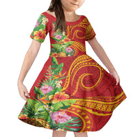 Polynesian Tribal Flower Tattoo Family Matching Tank Maxi Dress and Hawaiian Shirt Special Vermilion Vibe LT9 Daughter's Dress Brownish-red - Polynesian Pride