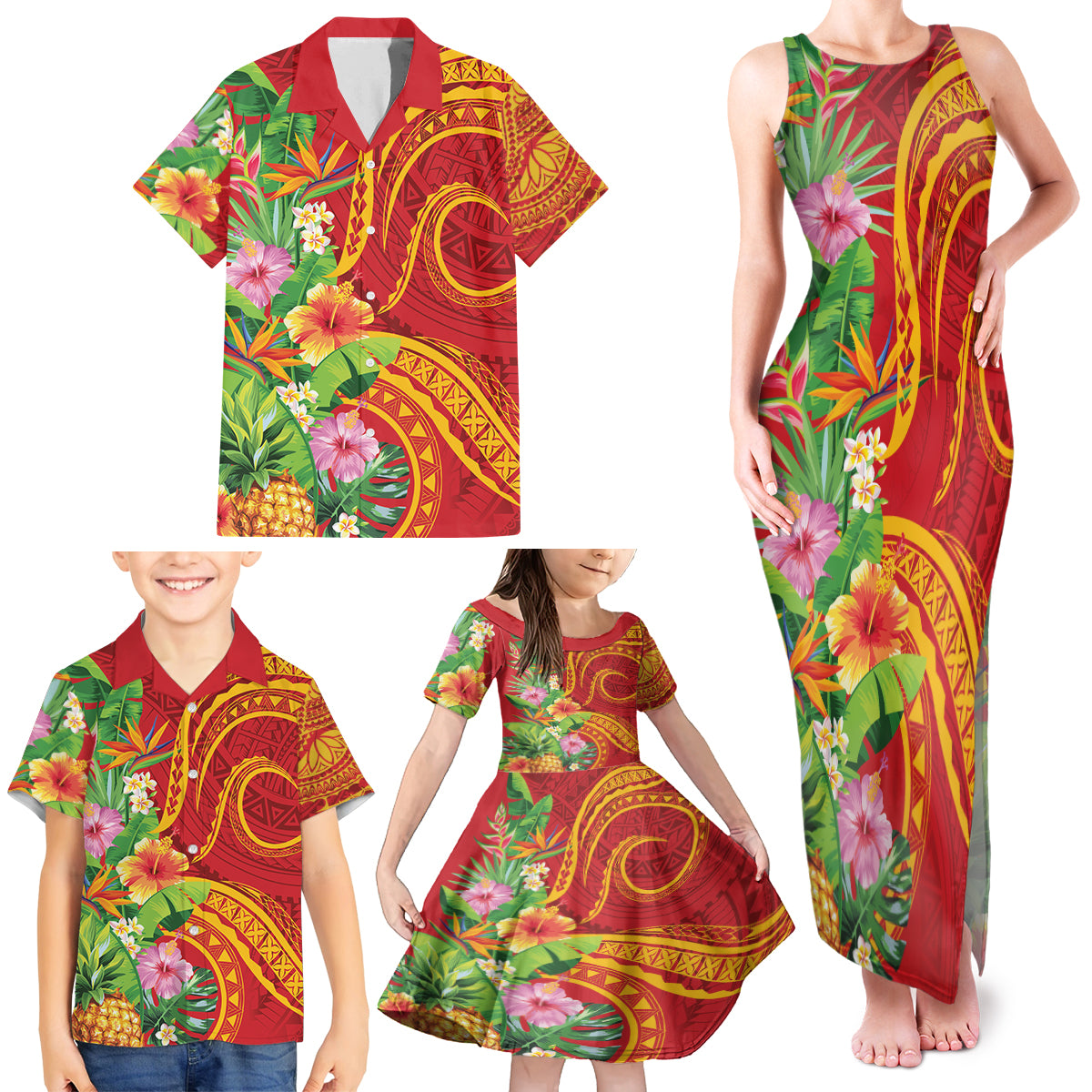 Polynesian Tribal Flower Tattoo Family Matching Tank Maxi Dress and Hawaiian Shirt Special Vermilion Vibe LT9 - Polynesian Pride