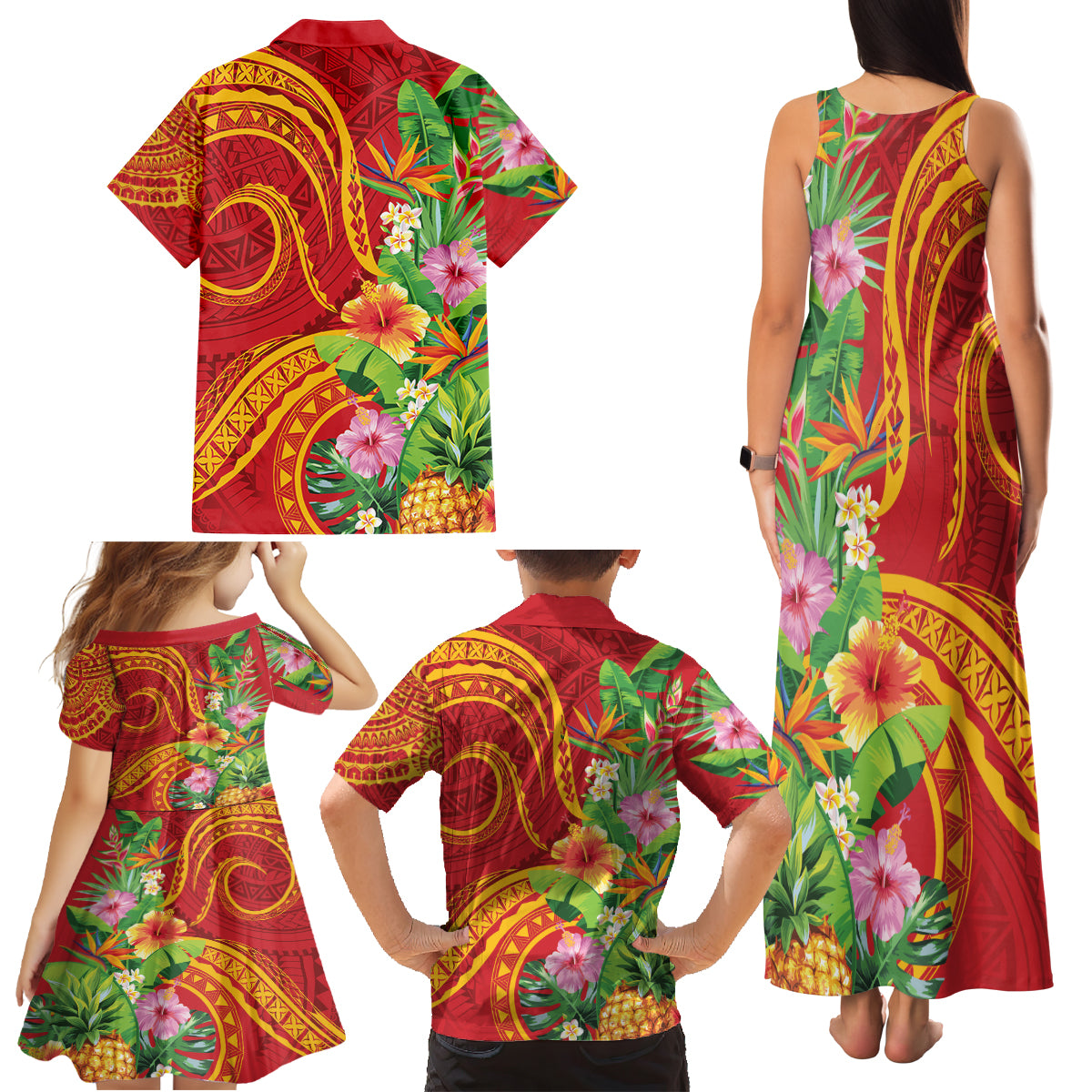Polynesian Tribal Flower Tattoo Family Matching Tank Maxi Dress and Hawaiian Shirt Special Vermilion Vibe LT9 - Polynesian Pride