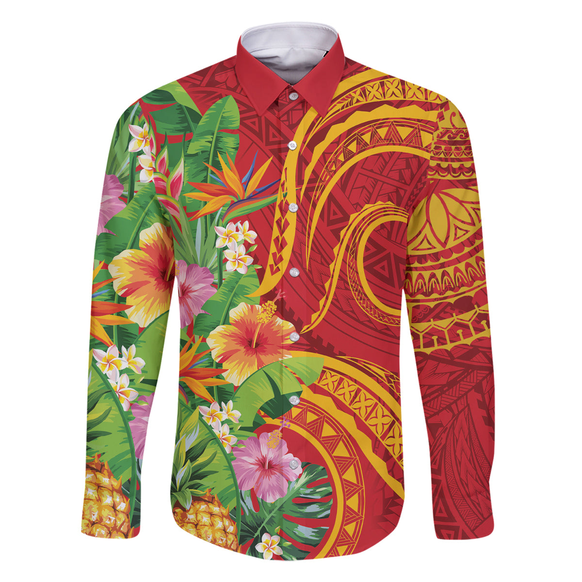 Polynesian Tribal Flower Tattoo Family Matching Tank Maxi Dress and Hawaiian Shirt Special Vermilion Vibe LT9 Dad's Shirt - Long Sleeve Brownish-red - Polynesian Pride