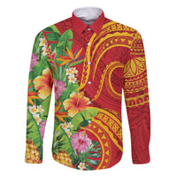 Polynesian Tribal Flower Tattoo Family Matching Tank Maxi Dress and Hawaiian Shirt Special Vermilion Vibe LT9 Dad's Shirt - Long Sleeve Brownish-red - Polynesian Pride