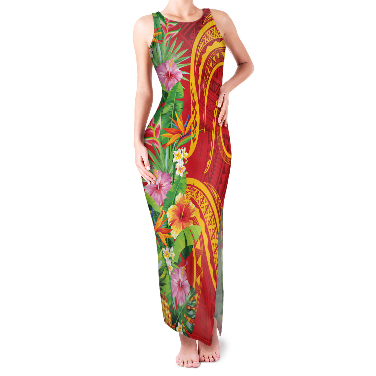 Polynesian Tribal Flower Tattoo Family Matching Tank Maxi Dress and Hawaiian Shirt Special Vermilion Vibe LT9 Mom's Dress Brownish-red - Polynesian Pride