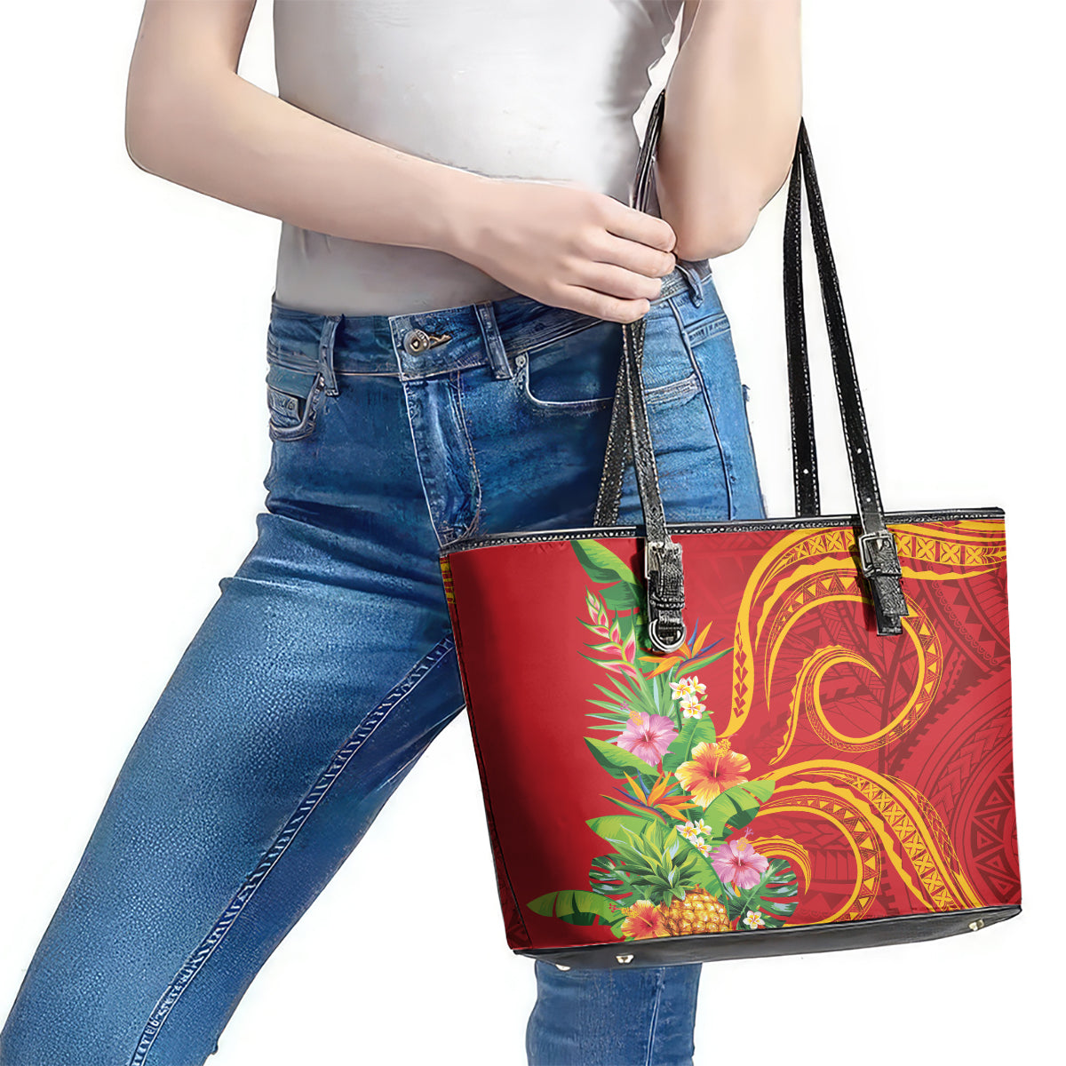 Polynesian Tribal Flower Tattoo Leather Tote Bag Special Vermilion Vibe