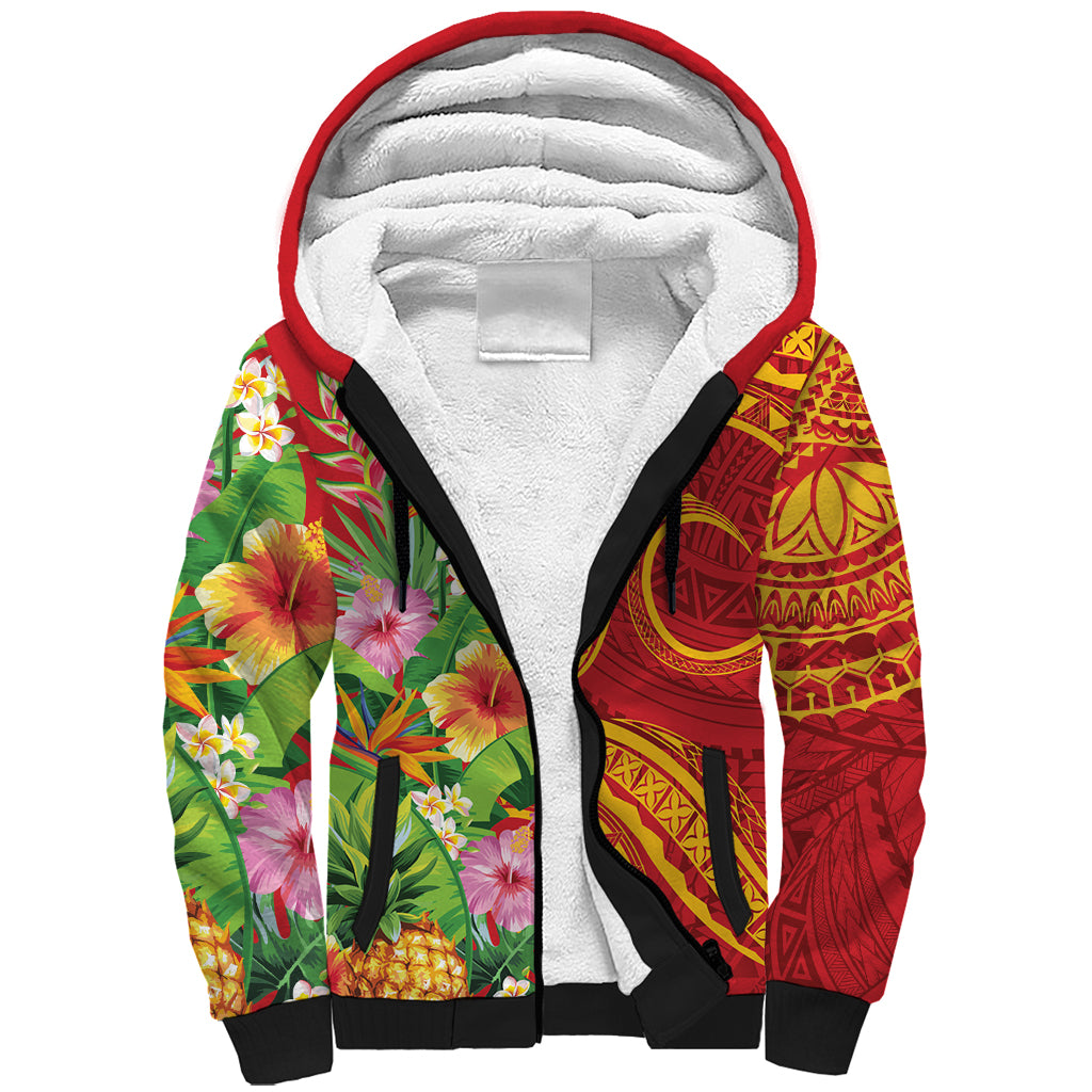 Polynesian Tribal Flower Tattoo Sherpa Hoodie Special Vermilion Vibe