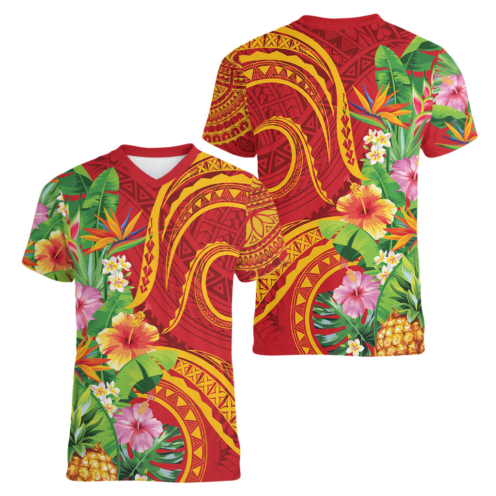 Polynesian Tribal Flower Tattoo Women V Neck T Shirt Special Vermilion Vibe