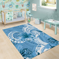 Polynesian Hibiscus Flower Tribal Area Rug Blue Color