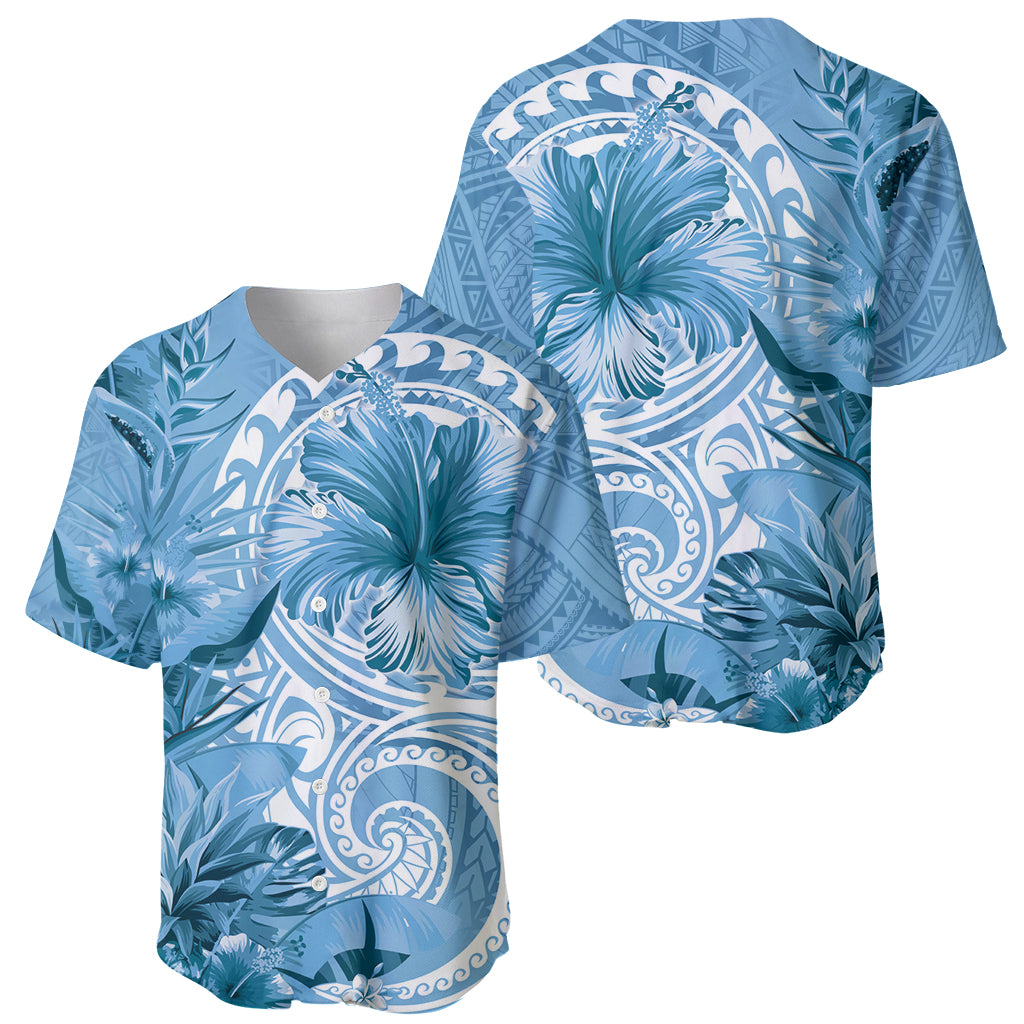 Polynesian Hibiscus Flower Tribal Baseball Jersey Blue Color