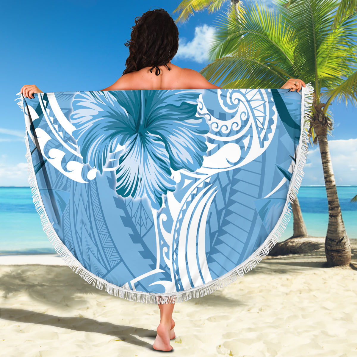 Polynesian Hibiscus Flower Tribal Beach Blanket Blue Color