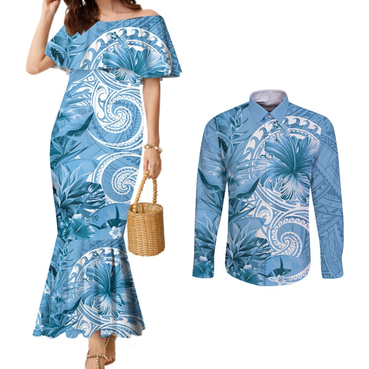 Polynesian Hibiscus Flower Tribal Couples Matching Mermaid Dress and Long Sleeve Button Shirt Blue Color LT9 Blue - Polynesian Pride
