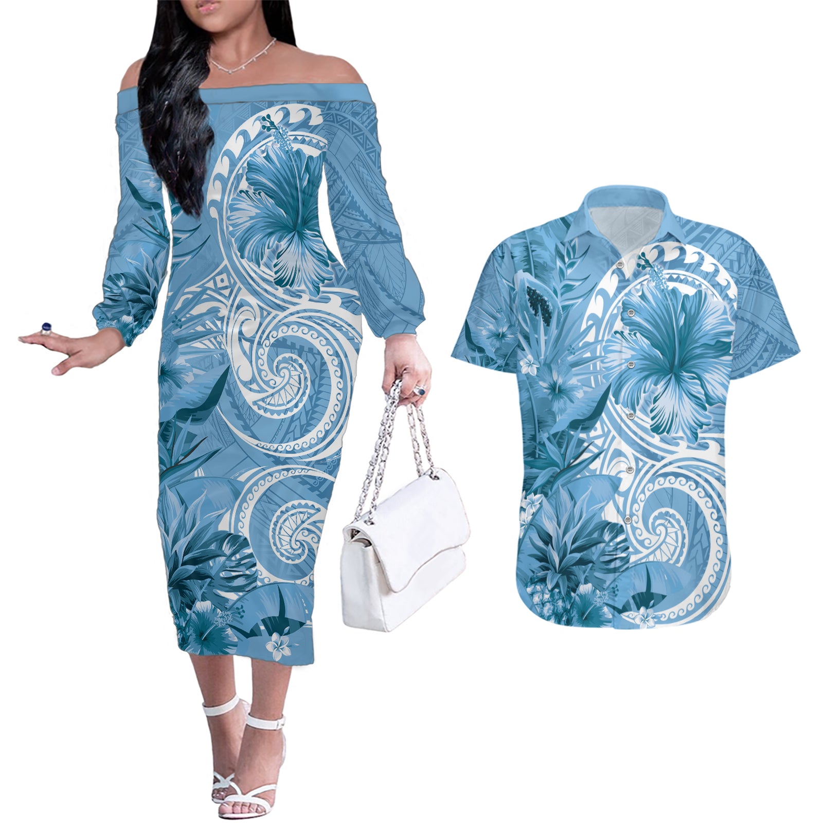 Polynesian Hibiscus Flower Tribal Couples Matching Off The Shoulder Long Sleeve Dress and Hawaiian Shirt Blue Color