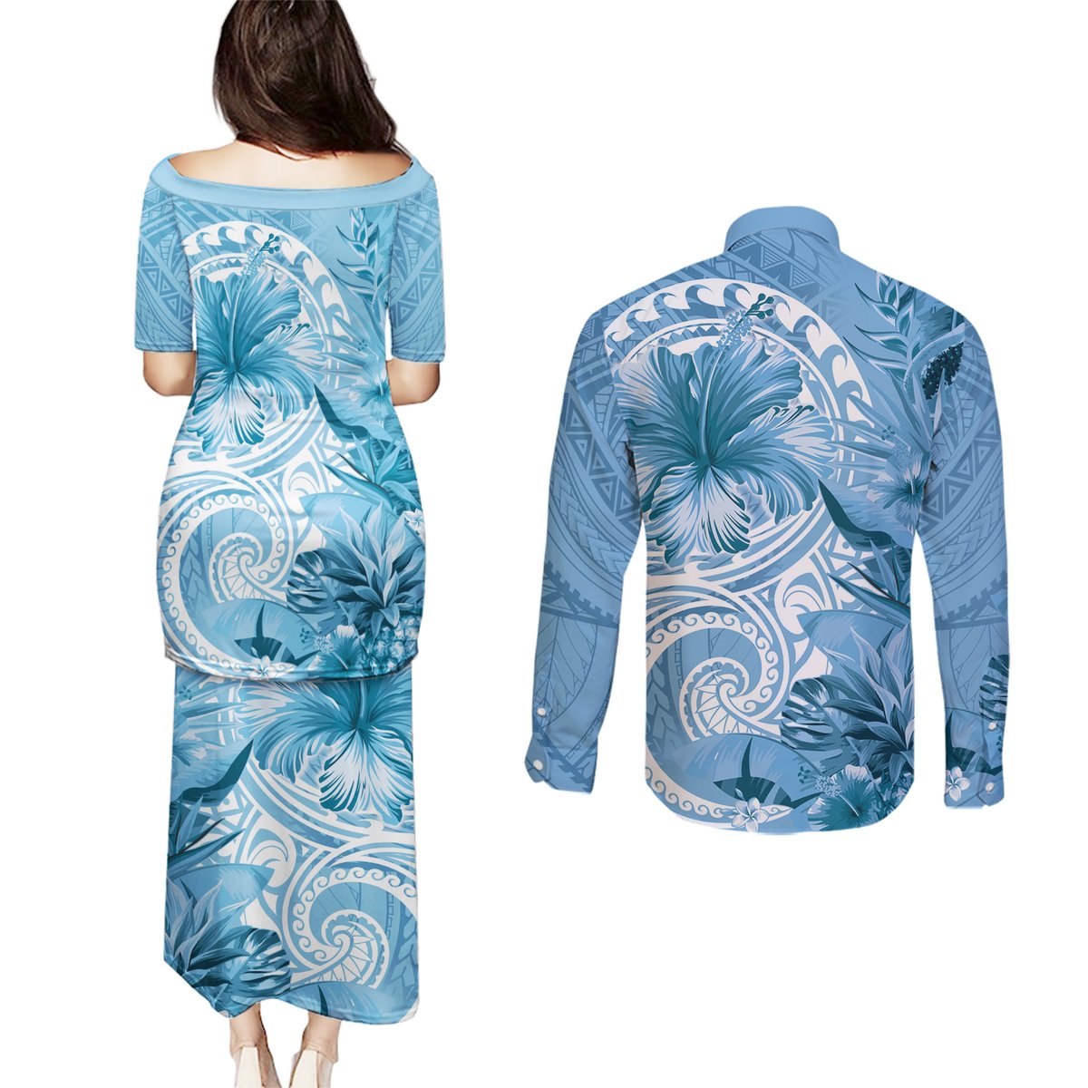 Polynesian Hibiscus Flower Tribal Couples Matching Puletasi and Long Sleeve Button Shirt Blue Color LT9 - Polynesian Pride