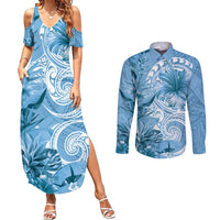 Polynesian Hibiscus Flower Tribal Couples Matching Summer Maxi Dress and Long Sleeve Button Shirt Blue Color