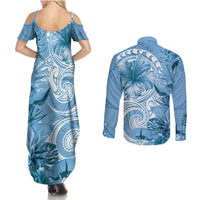 Polynesian Hibiscus Flower Tribal Couples Matching Summer Maxi Dress and Long Sleeve Button Shirt Blue Color