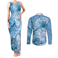 Polynesian Hibiscus Flower Tribal Couples Matching Tank Maxi Dress and Long Sleeve Button Shirt Blue Color