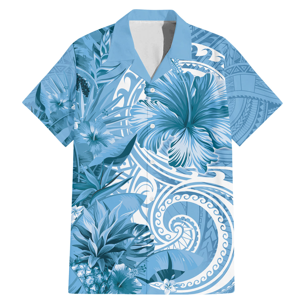 Polynesian Hibiscus Flower Tribal Family Matching Mermaid Dress and Hawaiian Shirt Blue Color
