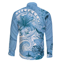 Polynesian Hibiscus Flower Tribal Family Matching Off The Shoulder Long Sleeve Dress and Hawaiian Shirt Blue Color