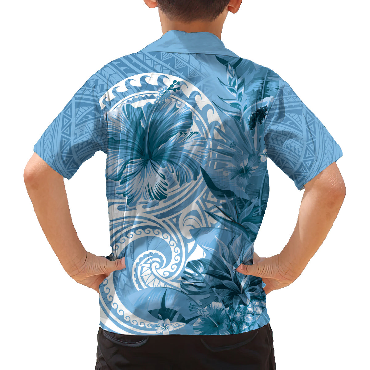 Polynesian Hibiscus Flower Tribal Family Matching Off Shoulder Short Dress and Hawaiian Shirt Blue Color