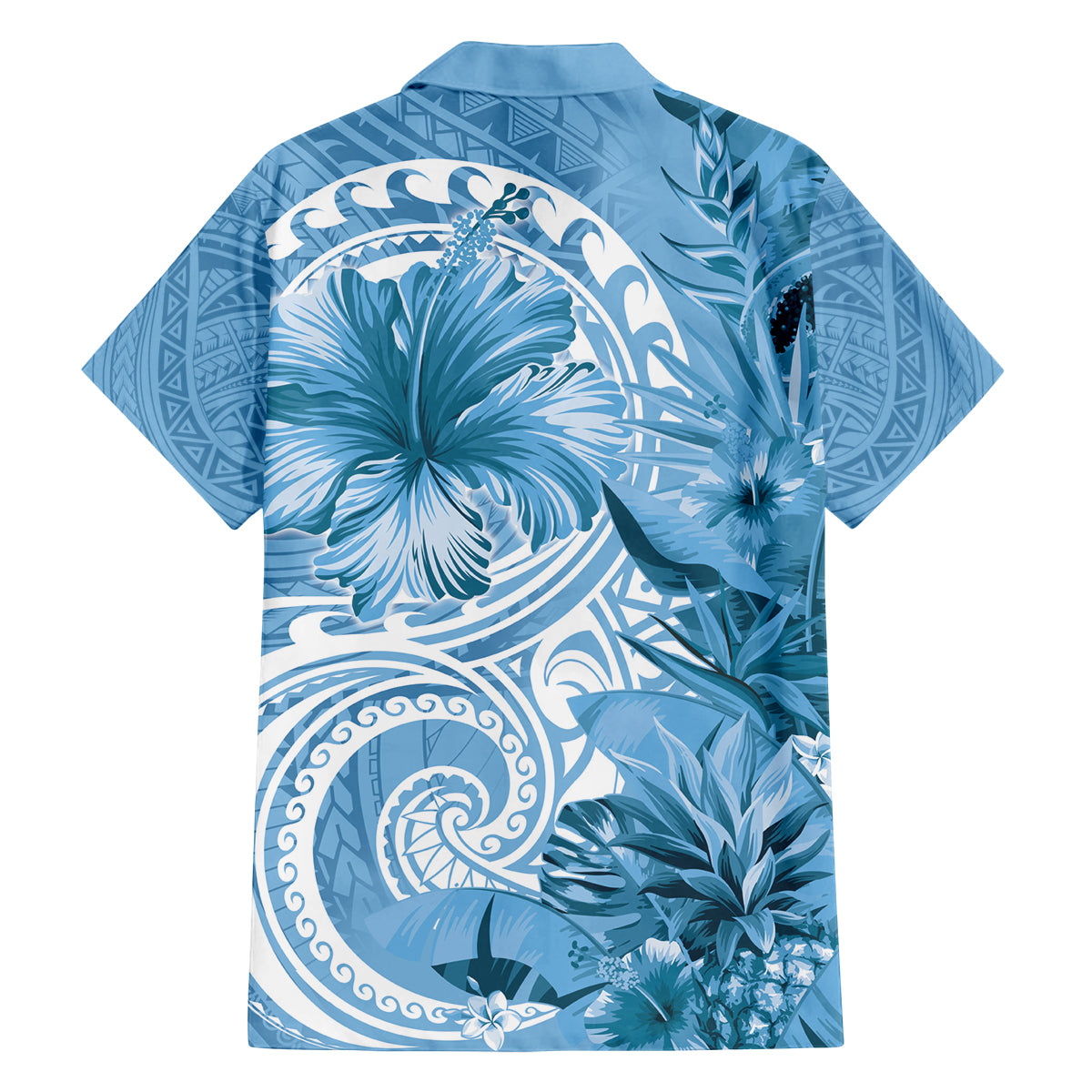 Polynesian Hibiscus Flower Tribal Family Matching Off Shoulder Short Dress and Hawaiian Shirt Blue Color