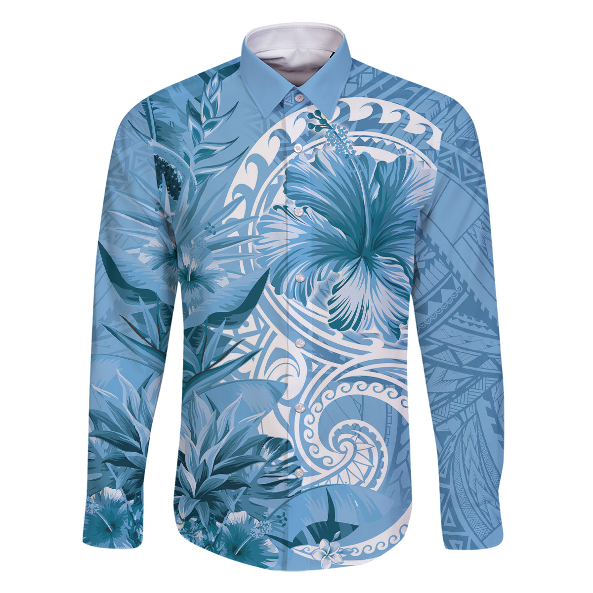 Polynesian Hibiscus Flower Tribal Family Matching Off Shoulder Short Dress and Hawaiian Shirt Blue Color